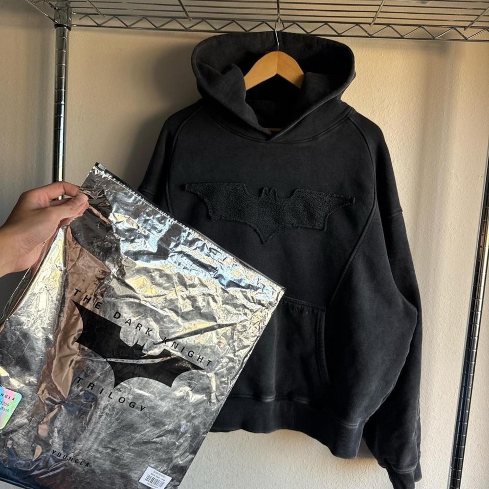 YoungLA Black Wash Batman Stealth Hoodie Pullover Jacket Gymwear with Embroidery